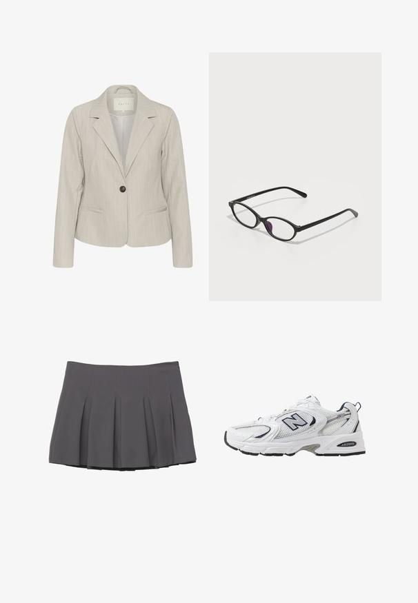 Hellgrauer Blazer mit vertikalen Streifen, Einknopfschluss, aufgesetzten Revers und seitlichen Taschen. Hergestellt aus glattem Stoff mit taillierter Passform.; Schwarze gerippte Tanktops, eng anliegendes Design mit hohem Kragen und ärmellosem Stil. Die Textur wirkt dehnbar und glatt und weist eine schlichte Silhouette auf.; Grauer gefalteter Rock mit glatter Textur, der gestickte Details und einen taillierten Bund aufweist und in einer Länge bis zur Mitte des Oberschenkels abschließt.; Weißer Sportschuh mit Mesh-Obermaterial, navyblauen Akzenten und gepolsterter Sohle. Verfügt über das "N"-Logo, Schnürsenkel und eine strukturierte Detailverarbeitung an der Seite.; Schwarze Kunststoffbrille mit ovaler Form, ausgestattet mit klaren Gläsern und einem lila Akzent auf dem linken Glas. Elegantes, minimalistisches Design.