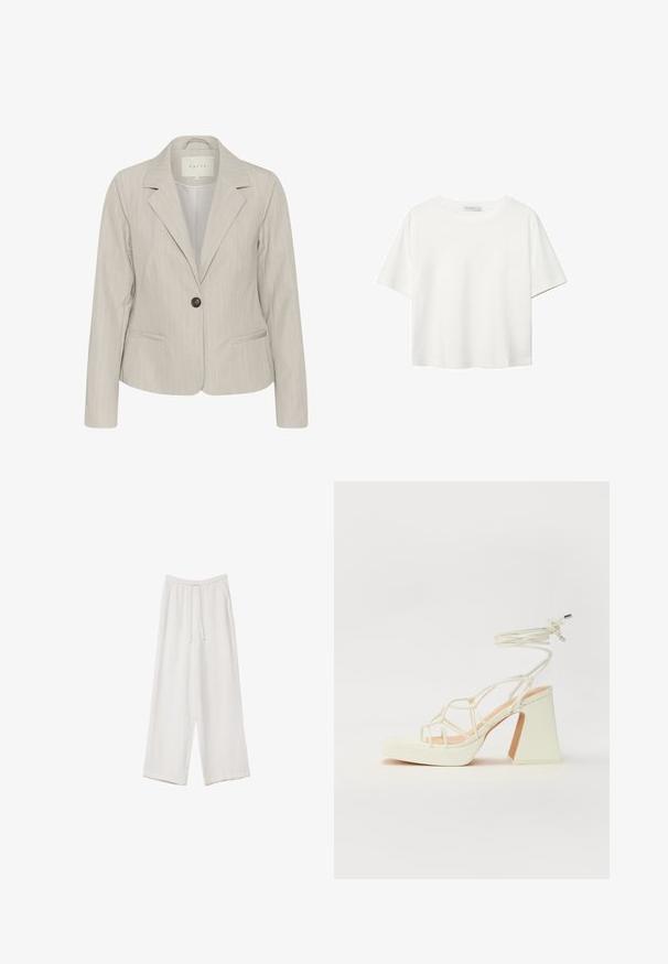 Svijetlosivi sako s vertikalnim prugama, zatvaranje na jedan gumb, reveri i bočne džepove. Izrađen od glatkog materijala s krojem prilagođenim tijelu.; Bijela majica kratkih rukava od pamuka. Ima okrugli izrez i opušteni kroj. Glatka tekstura bez vidljivih uzoraka ili naglasaka.; Bijele hlače širokih nogavica napravljene od lagane tkanine. Imaju elastičan pojas s ušicom i bočne džepove. Glatka tekstura.; Bijela sandala na visokoj potpetici s debelim petom, s remenom i vezanjem oko gležnja. Glatka tekstura s platformom sprijeda za dodatnu visinu.