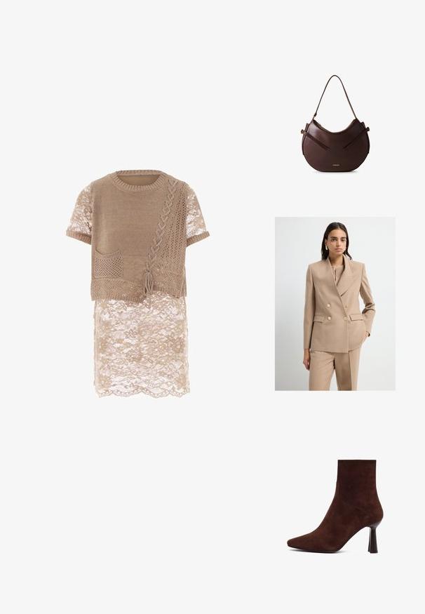 Beige Doppelreiher-Blazer mit goldenen Knöpfen und einer strukturierten Passform. Texturiertes Material und Reverskragen ergänzen die maßgeschneiderte Hose.; Beige gestricktes Oberteil mit kurzen Ärmeln, das eine dekorative Tasche, strukturierte Muster und eine Spitzenverzierung am Saum aufweist.; Braune Wildleder-Ankle-Boots mit spitzem Zehenbereich, enganliegendem Design und schlankem hohen Absatz, die sich durch klare Linien und eine glatte Textur auszeichnen.; Braune Leder-Schultertasche mit geschwungenem Design, ausgestattet mit zwei flachen Trageriemen und einem goldenen Logo-Highlight. Glatte Textur mit minimalem Metallzubehör.