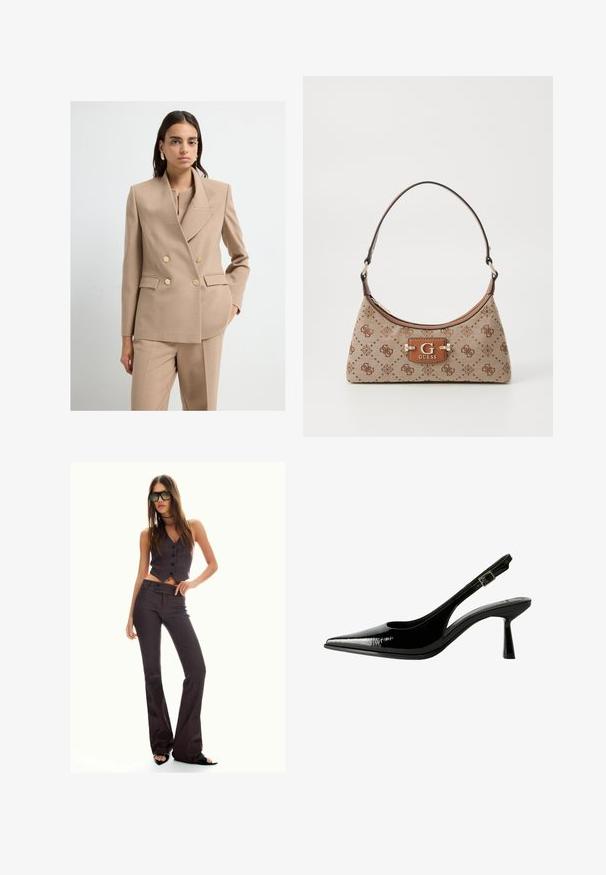 Beżowa dwurzędowa marynarka z złotymi guzikami i dopasowanym krojem. Teksturowana tkanina i klapy w kształcie litery V doskonale współgrają z dopasowanymi spodniami.; Biała bluzka z długim rękawem i dekoltem łódkowym. Wykonana z miękkiego materiału, z rozszerzanymi rękawami i prostym wykończeniem, oferująca prosty i uniwersalny design.; Brązowa kamizelka w prążki, krótka, z rozszerzanymi spodniami, z guzikami i teksturowanym materiałem. Czarne buty na otwartym nosku i oversize'owe okulary przeciwsłoneczne.; Czarne lakierowane pantofle na obcasie typu slingback z ostrym noskiem, wyciętymi bokami, regulowanym paskiem na kostce i cienkim, smukłym obcasem.; Torba tote w beżowym materiale z brązowymi wzorzystymi akcentami. Posiada zakrzywiony kształt, pojedynczy pasek oraz plakietkę z logo z przodu z srebrnymi elementami.