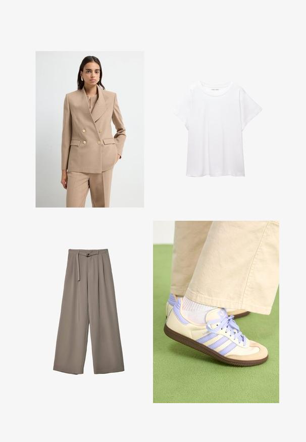 Blazer beige doppiopetto con bottoni dorati e una vestibilità strutturata. Tessuto testurizzato e rever a pistagna completano i pantaloni sartoriali.; T-shirt bianco realizzato in un tessuto morbido e leggero. Presenta un collo rotondo e maniche corte e larghe con vestibilità morbida. Nessun motivo visibile.; Pantaloni a gamba larga in un morbido tessuto grigio tenue, con vita con cintura e pieghe per un tocco di design aggiuntivo. Texture liscia, senza motivi.; Sneakers crema e lavanda con tre strisce e suola marrone texturizzata, dotati di lacci e tallone imbottito. Parte superiore in tessuto morbido.
