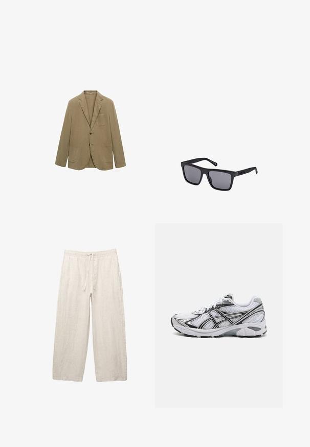 Beżowa bawełniana marynarka z klapą, zapinana na jeden guzik, z dwoma przednimi kieszeniami. Posiada kieszeń na piersi i luźny krój.; Koszula z krótkim rękawem, zapinana na guziki w kolorze off-white, z miękkiego, teksturowanego materiału, z otwartym kołnierzykiem i luźnym krojem.; Lniane spodnie w jasnym beżu, z elastycznym pasem na sznurku, szerokimi nogawkami i kieszeniami po bokach. Gładka tekstura.; Białe buty sportowe z siateczkową cholewką, czarnymi akcentami i srebrnymi detalami. Posiadają amortyzowaną podeszwę oraz sznurowany krój dla lepszego wsparcia.; Czarna prostokątna para okularów przeciwsłonecznych z ciemnymi soczewkami, matowym wykończeniem i detalem logo na zauszniku. Projekt charakteryzuje się prostymi krawędziami i grubymi oprawkami.