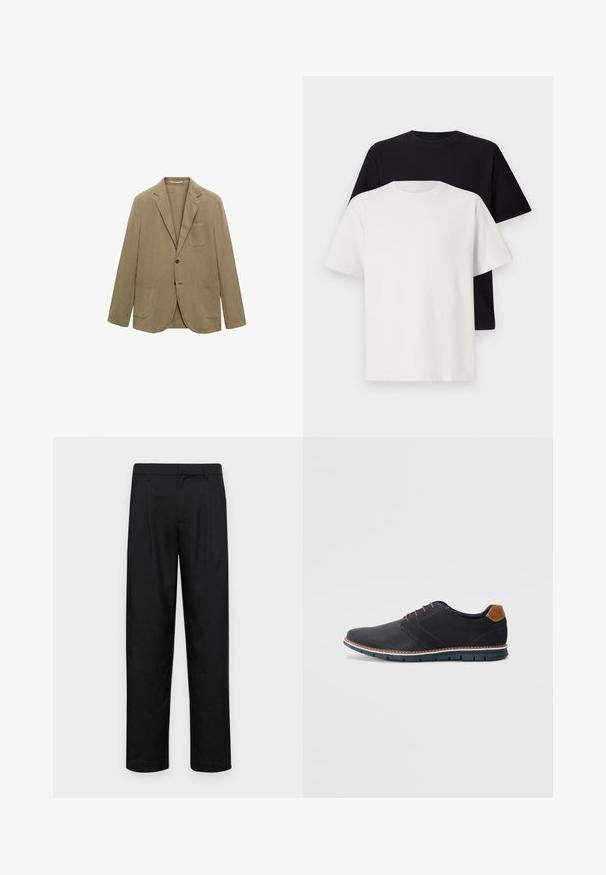 Bež bombažni blazer z razrezanim ovratnikom, enojnim gumbom in dvema sprednjima žepoma. Ima žep na prsih in sproščen kroj.; Set bombažnih majic, ki vključuje črno in belo majico, obe z kratkimi rokavi, okroglim izrezom in standardnim krojem. Teksturirana tkanina.; Črne hlače iz gladkega materiala, s krojem ravne noge, dvema sprednjima pregiboma in standardnim pasom z zankami za pas.; Črne sintetične čevlje z teksturirano zgornjščino, gladkimi akcenti, rjavim petnim delom in kontrastnim podplatom. Imajo minimalno vezanje in detajle šivanja.