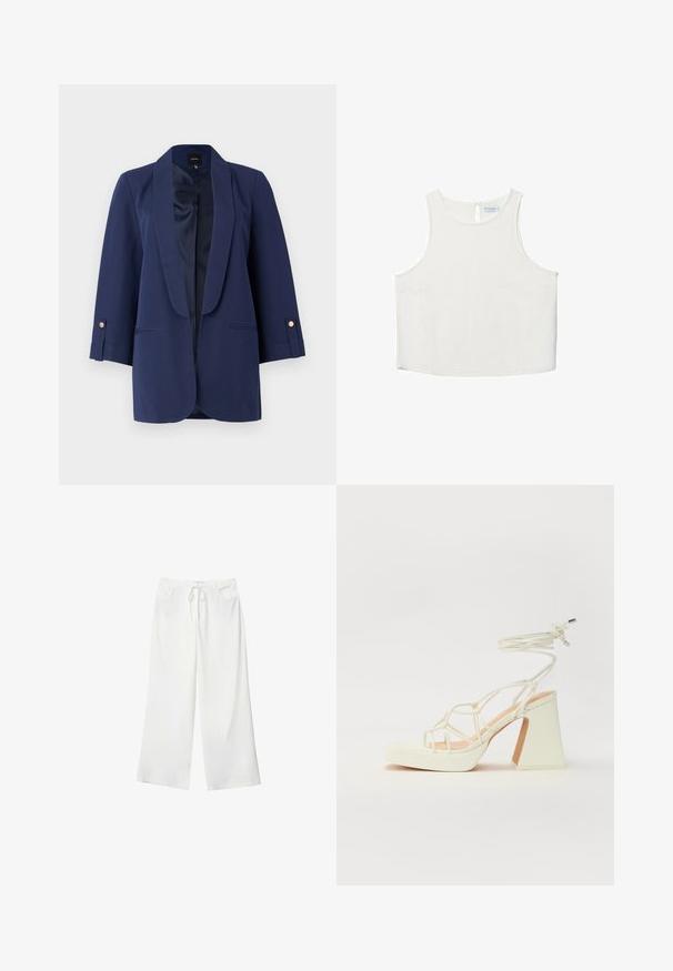 Laivaston sininen bleiseri, jossa on satiinikaulukset, kolme neljäsosapituista hihoja, kultaiset nappikoristeet ja sivutaskut. Siisti ja hyvin istuva materiaali.; Valkoinen hihaton paita, jossa on pyöreä pääntie, hienovarainen tekstuuri, avaustakki ja suora helma.; Valkoiset leveälahkeiset housut pehmeästä kankaasta, jossa on kiristysnyöri vyötäröllä ja kaksi etutaskua. Sujuva rakenne ilman näkyviä kuvioita.; Valkoinen korkokenkä, jossa on paksu korko, ja joka sisältää nauhakiinnityksen ja nilkkaketjun. Sujuva pinta, jossa on platform-etupohja lisäkorkeutta varten.