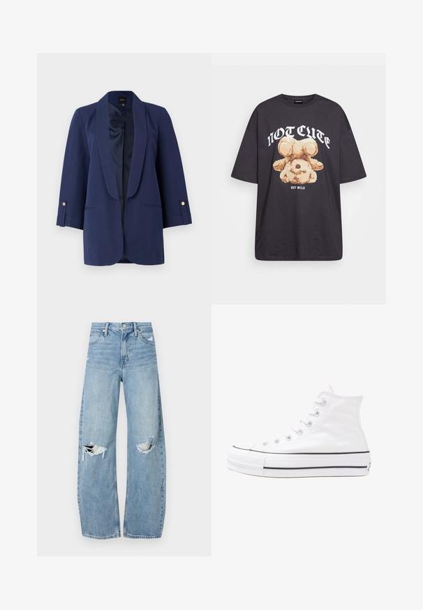 Tumesinise bleiser, millel on satiine krae, kolmveerandvarrukad, kuldsed nööbid ja küljetaskud. Sile tekstuur ja võimalikult kohandatud sobivus.; Musthave musta t-särk, millel on karu graafika ja tekst "EI NII NÄDALA, KUID MÄRG" paksult valgete tähtedega. Puuvillane materjal.; Heledad hallideega sinised teksad, millel on kõrge talje. Teksade jalgadel on lai alus, kaks rebitud kohta põlvede ümber ning klassikaline viie tasku stiil.; Valge kõrgem kangast tenniseking, millel on must kummist tald, ees kummist varvasetugi ja kuus aukku paelte jaoks, pakkudes puhta ja minimalistliku disaini.