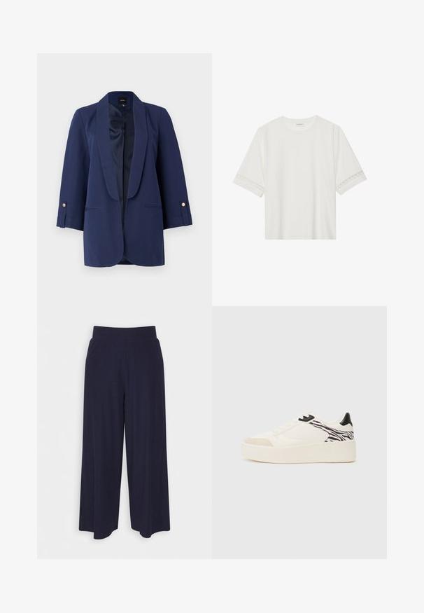 Jūras spēku zila bleizeris ar satīna apdari, trīs ceturtdaļu piedurknēm, zelta pogu akcentiem un sānu kabatām. Gluda tekstūra un piegriezums, kas pielāgots.; Balta īsām piedurknēm T-kreklu, izgatavotu no kokvilnas, ar dekoratīvu mežģīņu apdari ap piedurknēm un apaļu kakla izgriezumu.; Platas kājas bikses tumši zilā audumā ar svītrainu tekstūru. Aprīkotas ar gludu jostasvietu un plūstošu siluetu, sasniedzot vidus teļus.; Even&Odd Treniņu apavi - white/black