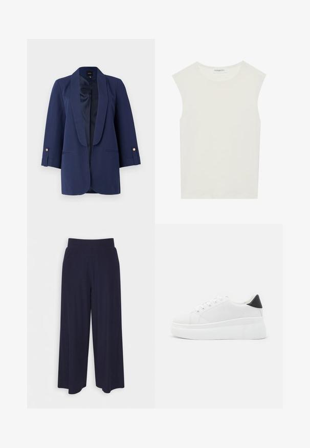 Tumesinise bleiser, millel on satiine krae, kolmveerandvarrukad, kuldsed nööbid ja küljetaskud. Sile tekstuur ja võimalikult kohandatud sobivus.; Valge ilma varrukateta topp ümmarguse kaelusega. Valmistatud siledast kangast, sellel on mugav lõige ja minimalistlik disain. Ei ole mustreid ega aksessuaare.; Tumed põlvpüksid tumedast meresinisest kangast, millel on sooneline tekstuur. Omab sujuvat vööd ja voolavat siluetti, ulatudes pooleni säärest.; Valged platvormsneakerid, mis on valmistatud siledast sünteetilisest materjalist, ovaalse toe, paelkinnise disaini ja tekstuurse kummitaldiga. Must kontsrihm.