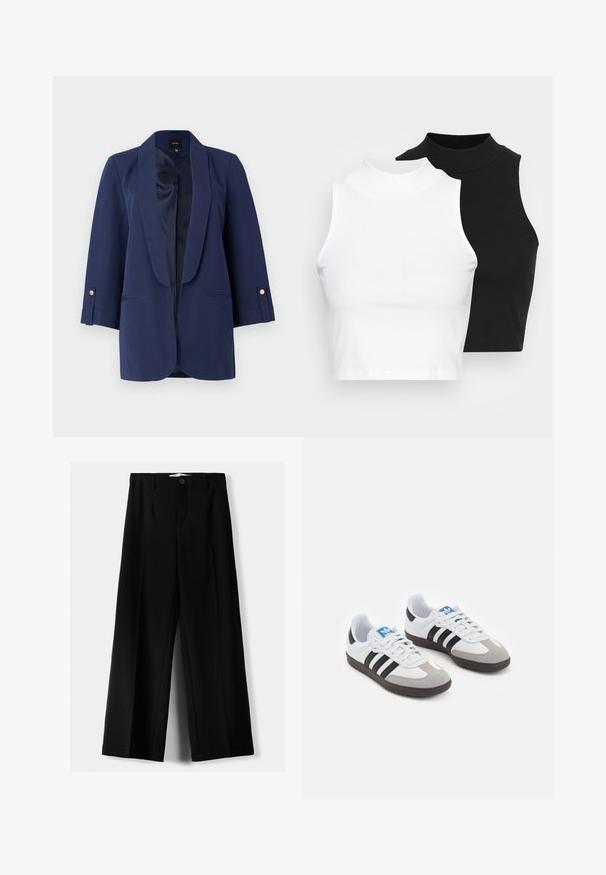 Mornarska blejzerica z satensko ovratnikom, rokavi do nedrjev, zlatimi gumbnimi detajli in stranskimi žepi. Gladka tekstura in krojen fit.; Dva brezrokavniki z rebrasto turtleneck gorami v črni in beli barvi, z oblikovanim dizajnom in gladko teksturo, v skrajšani dolžini.; Črne široke hlače iz lahkega materiala, z zapiranjem na gumb spredaj in ravnim sprednjim delom, s skrbno zašiti robovi.; Športni čevlji z belim usnjenim zgornjim delom, sivim semišem na prstih in tremi črnimi črtami. Imajo modro logo na jeziku in teksturiran gumijast podplat.