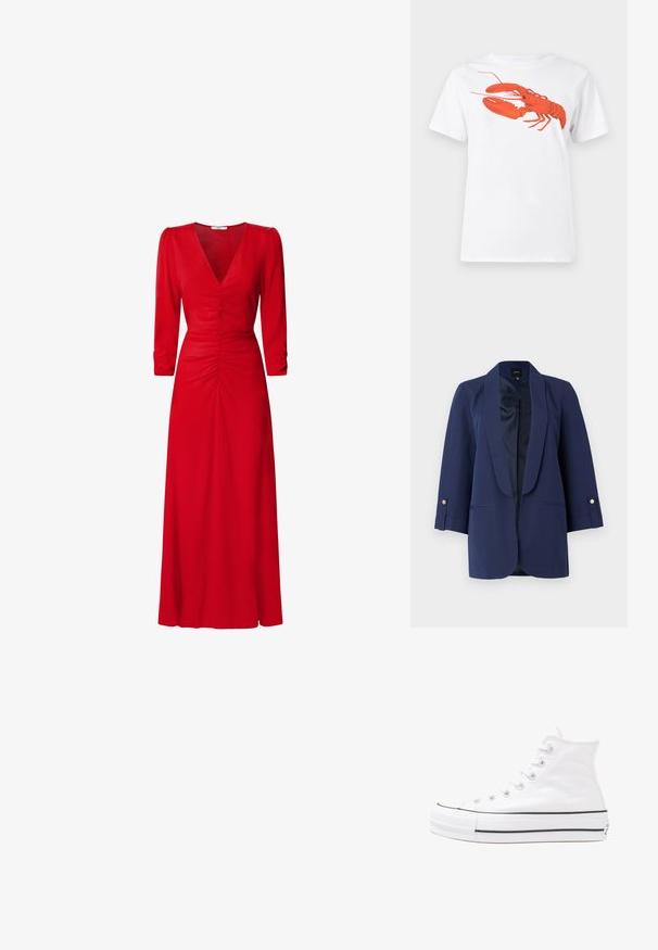 Sacou bleumarin cu rever din satin, mâneci trei sferturi, accente cu nasturi aurii și buzunare laterale. Textură netedă și croială ajustată.; Tricou alb din bumbac, cu un grafic mare, viu colorat de homar roșu pe față. Mâneci scurte și un guler standard de tip crew neck.; Rochie roșie cu decolteu în V, mâneci trei sferturi și detalii pliate la talie și spate. Materialul pare neted și ușor.; Adidași albi tip pantofi sport cu glezna din pânză, cu talpă din cauciuc negru, capac de vârf din cauciuc frontal și șase ochiuri pentru șireturi, având un design curat și minimalist.