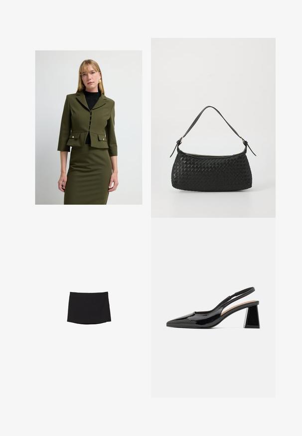 Olivgrüne taillierte Jacke mit Dreiviertelärmeln, Knopfleiste, Brusttaschen und Peplumsaum, getragen über einem schwarzen Rollkragenpullover.; Schwarzes langärmliges Oberteil mit einem strukturierten, offenen Maschenmuster, das einen weiten Rundhalsausschnitt und eine Krawattenverschluss am Rücken aufweist.; Schwarzer Minirock aus glattem, dehnbarem Stoff; mit geradem Schnitt, subtilem Saum und ohne sichtbare Verschlüsse oder Muster.; Schwarze Lack-Slingback-Pumps mit spitzem Zehenbereich, ausgestattet mit einem einzigartigen geometrischen Blockabsatz und einer glatten Textur. Verstellbarer Riemen für zusätzlichen Halt.; Schwarze geflochtene Schultertasche mit einem glatten Ledertragegurt und Reißverschluss. Verfügt über eine strukturierte Oberfläche und eine gebogene Form.