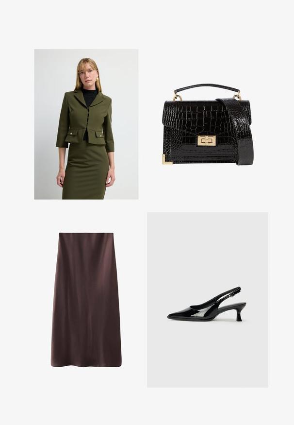 Olijfgroene getailleerde blazer met driekwartmouwen, knopen aan de voorkant, borstzakken en een peplumzoom, gedragen over een zwarte coltrui.; Witte longsleeve shirt gemaakt van een gladde stof, met een klassieke kraag, knoopsluiting aan de voorkant en een gebogen zoom. Eenvoudig ontwerp zonder patronen.; Bruine midi-rok met een gladde, satijnachtige textuur. Eenvoudig ontwerp, rechte vorm en afgewerkte randen voor een nette afwerking. Geen zichtbare sluitingen.; Zwarte lakleren slingback schoenen met een spitse neus en een lage blokhak. Verstelbare gespband bij de enkel.; Zwarte patenten leren handtas met een krokodillenstructuur, gouden hardware, een bovenhandvat en een afneembare schouderband. Rechthoekige vorm met een klepafsluiting.