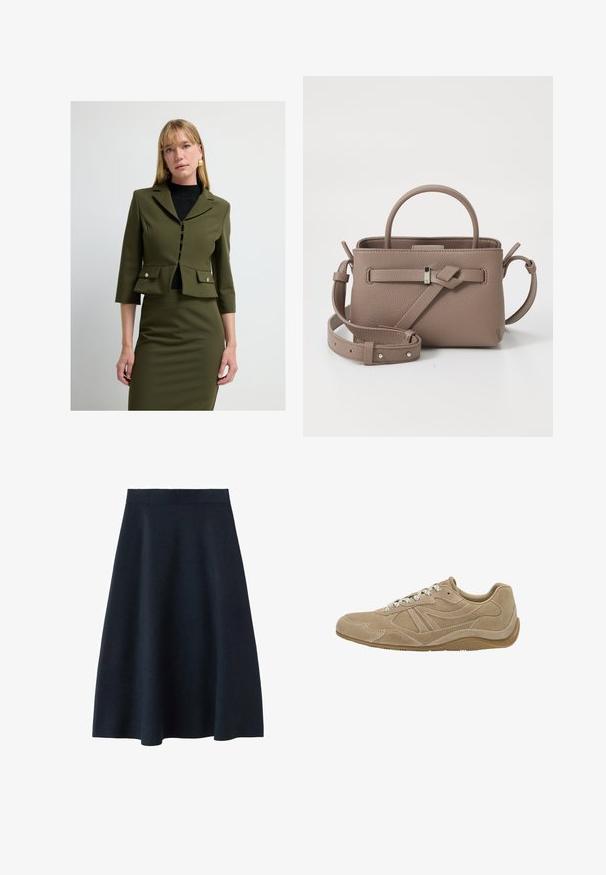 Giacca su misura verde oliva con maniche a tre quarti, chiusura a bottoni, tasche sul petto e orlo a peplo, indossata su un dolcevita nero.; Maglione a maniche corte grigio scuro a maglia con colletto tondo, caratterizzato da una vestibilità morbida e maniche raglan, realizzato in un tessuto soffice e texturizzato.; Una gonna midi di un blu navy scuro realizzata in tessuto morbido, con una vita aderente e una forma svasata, senza motivi o decorazioni visibili.; Sneaker in suede beige con profilo basso, superficie texturizzata e lacci bianchi. Presenta un design curvo e una suola in gomma per una migliore aderenza.; Borsa in pelle texturizzata taupe con manico superiore, tracolla regolabile e dettaglio a nodo decorativo su uno sfondo bianco pulito.