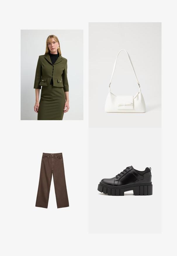 Oliwkowa marynarka dopasowana z rękawami o długości trzech ćwiartek, zapinana na guziki, z kieszeniami na piersiach i peplum, noszona na czarnym golfie.; Brązowy bawełniany t-shirt z krótkimi rękawami i głębokim dekoltem w kształcie litery V. Prosty design, miękka faktura i prosty krój u dołu. Brak wzorów i akcentów.; Szerokie brązowe dżinsy wykonane z denimu, z wysokim stanem, przednimi kieszeniami i klasycznym zapięciem na guzik. Gładka faktura z subtelnym przeszyciem.; Czarne skórzane buty na platformie z masywnym słupkowym obcasem, okrągłym noskiem i klasycznym sznurowaniem. Posiadają gładką teksturę i minimalne wykończenia.; Biała syntetyczna torba o trójkątnym kształcie, płaskim przednim klapce i detalach w postaci kokardy, regulowanym pasku, gładkiej fakturze oraz minimalistycznym designie.