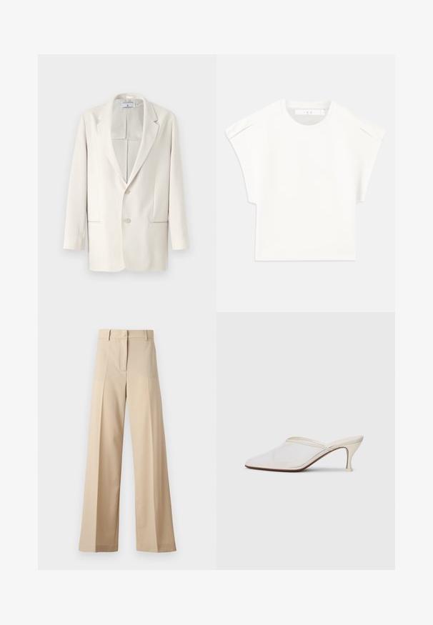 Cremefarvet blazer med notch-krave, to-knaps lukning og sidelommer. Glat tekstur og struktureret design. Ingen mønstre eller detaljer.; Hvid boxy t-shirt med korte ærmer. Fremstillet af glat stof, med rund halsudskæring og subtile skulderdetaljer. Enkel design.; Beige bukser med vid ben lavet af blødt stof, med en flad foran med folder, lynlås og bæltestropper. Skræddersyet pasform generelt.; Hvide mesh spidse mule-sko med en slank hæl i mellem højde og slip-on design mod en ensfarvet baggrund.