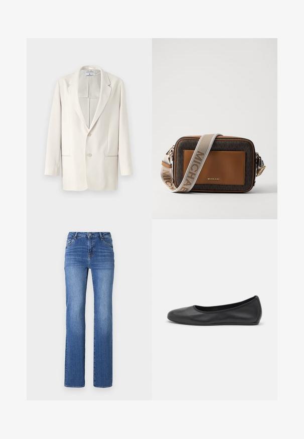 Kremowa marynarka z wyłogami, z zapięciem na dwa guziki i bocznymi kieszeniami. Gładka tekstura i strukturalny fason. Bez wzorów ani ozdób.; Biała koszulka krótki rękaw wykonana z materiału prążkowanego. Okrągły dekolt, regularny krój i subtelne detale szwów. Bez wzorów ani grafik.; Niebieskie dżinsy o prostym kroju z pięcioma kieszeniami i zapięciem na guzik. Materiał ma delikatny gradientowy odcień i widoczne szwy.; Czarne skórzane baletki z zaokrąglonym noskiem, gładką fakturą, minimalnymi przeszyciami i elastycznym designem podeszwy.; Brązowa skórzana torebka na ramię z kanwą w monogramie, ze złotym logo, kontrastującym jasnobrązowym akcentem i tekstylnym paskiem o fakturze.