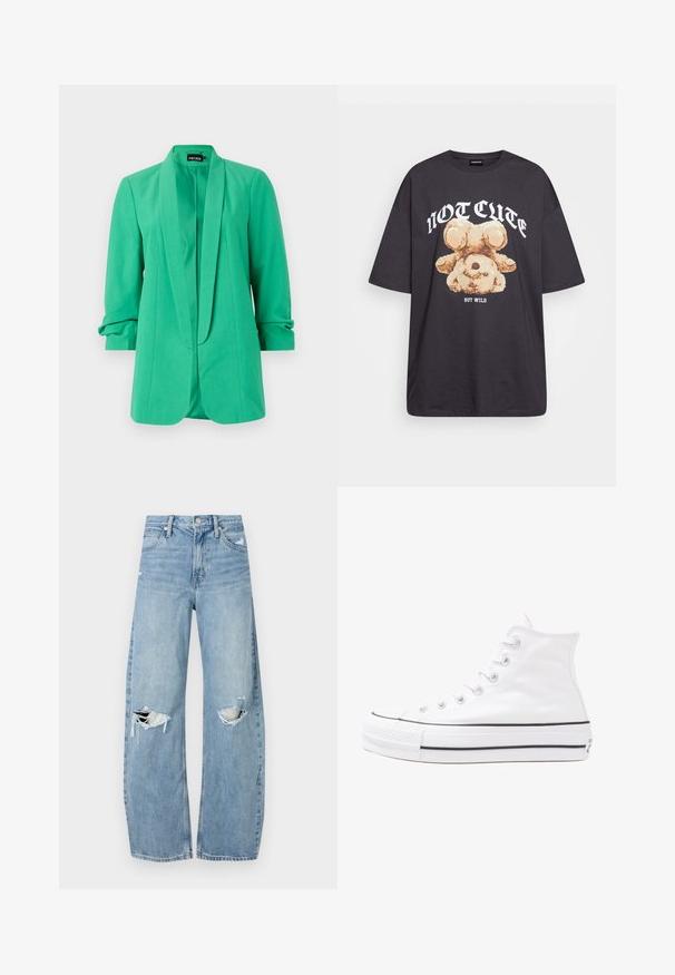 Zöld zakó sima anyagból, sálgallérral, hosszú ujjakra hajtott mandzsettákkal és egyenes vonalvezetésű kialakítással. Látható rögzítések nincsenek.; Fekete, oversized póló, rajta egy medvével és a "NEM CUKI, HANEM FÉKTELEN" felirattal vastag, fehér betűkkel. Pamut anyag.; Világoskék, magas derekú farmernadrág. Széles lábakkal, két szakadt térddel és klasszikus öt zsebes dizájnnal rendelkezik.; Fehér magaskorsó vászon sportcipő fekete gumi talppal, elülső gumi orrnyereggel és hat fűzőlyukkal, letisztult, minimalista dizájnnal.