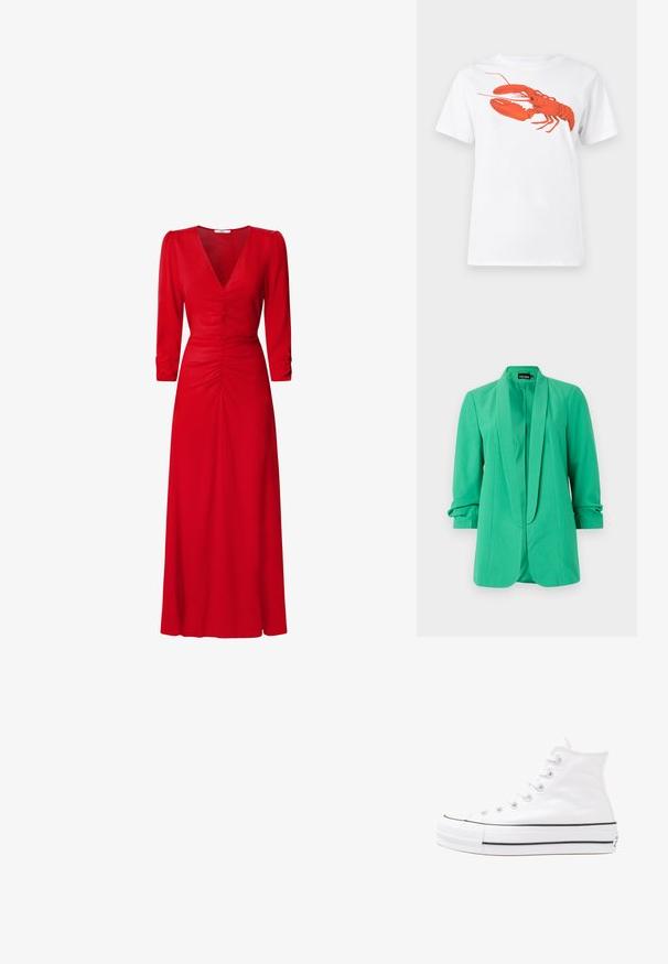 Zaļš žakets, kas izgatavots no gludas auduma, ar šaliņu apkakli, garām piedurknēm ar sarullētām malām un taisnu griezumu. Nav redzamības aizdaru.; Balta kokvilnas T-krekls ar lielu, spilgti sarkanu omāru grafiku uz priekšu. Īsas piedurknes un standarta apļveida kakla dizains.; Sarkana kleita ar V veida kakla izgriezumu, trīs ceturtdaļu piedurknēm un ruched detaļām viduklī un mugurā. Audums izskatās gluds un viegls.; Balti augstie kanvas sporta apavi ar melnu gumijas zoli, priekšējo gumijas purngalu un sešām acīm lencēm, kuriem ir tīrs, minimālistisks dizains.