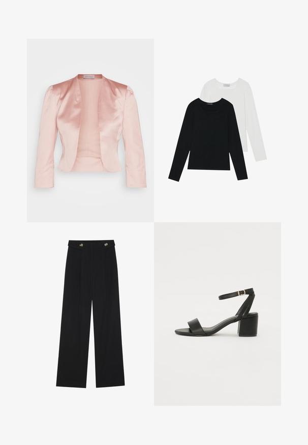 Gaiši rozā satīna jaka ar pielāgotu dizainu, šallēlīšu apkakli, garām piedurknēm un atvērtu priekšpusi, piedāvājot gludu tekstūru un bez aizdariem.; Divi ilgiem piedurknēm tops, viens melns un otrs balts, abiem ir kvadrāta izgriezums un tie ir izgatavoti no mīksta, elastīga auduma.; Melnas platās bikses ar augstu jostasvietu, pogu detaļām uz jostas un priekšējām krokām.; Melnas papēžu sērijas sandales ar gludu ādas virsmojumu, atvērtu pirkstu, platām priekšējām siksnām un regulējamu potītes siksnu ar zelta sprādzi.