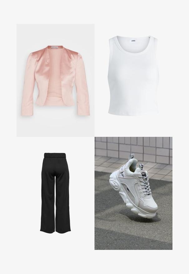 Svetlo roza satenski jopič s prilagojenim dizajnom, s šal ovratnikom, dolgimi rokavi in odprtimi prednjimi deli, ki ima gladko teksturo in brez zapiranja.; Bela rebrasta majica brez rokavov z okroglim izrezom in krajšo dolžino. Oznaka navaja "JJXX." Gladka tekstura tkanine.; Črne hlače širokega kroja z elastičnim pasom, izdelane iz gladkega materiala. Imajo preprost dizajn brez žepov ali vidnih šivov.; Bela superga z mrežastim in usnjenim materialom, zaobljenim nosom, debelim podplatom, opaznimi vezalkami ter blagovno znamko na peti in jeziku.