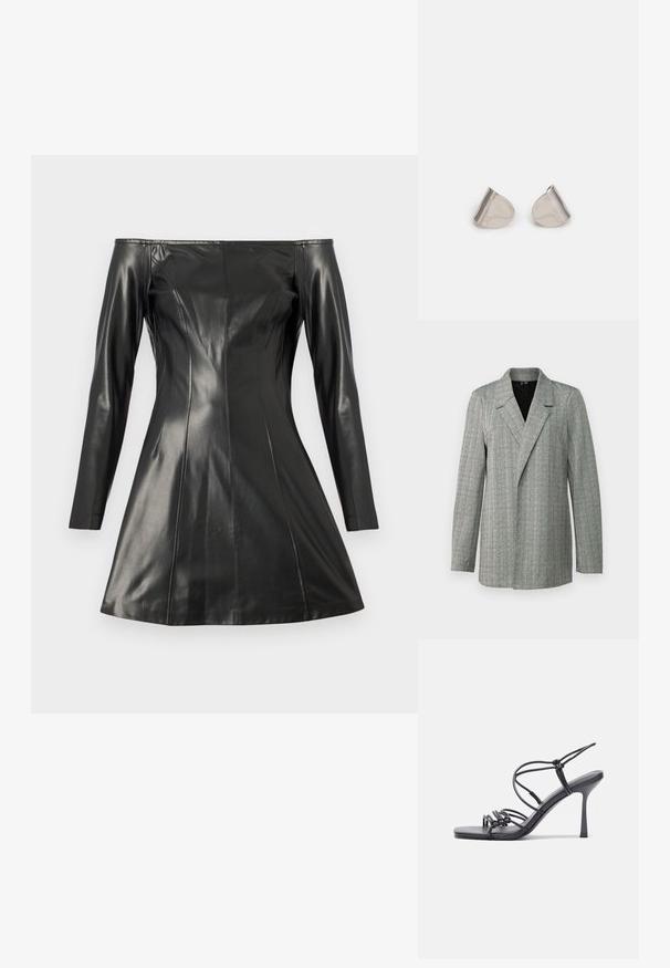 Pilkas šunų ėduonis švarkas su smailiu apykakle, vieno mygtuko uždarymu ir ilgomis rankovėmis. Pagamintas iš tekstūruoto audinio su švelniu blizgesiu.; Juodas of-the-shoulder suknelė, pagaminta iš lygaus odos. Savybės: ilgos rankovės, pritaikyta forma ir plati sijonas. Akivaizdžios siūlės ir tekstūros detalės.; Juodos aukštakulnės sandalai pasižymi plonyčiais dirželiais su mazgo dizainu, lygiu kvadratiniu pirštu ir elegantišku stiletto kulnu.; Šviesiai pilka metalinė rankinė su grandinėlės dirželiu, papuošta mažais apvaliais metaliniais smeigėmis ir trikampiu prekės ženklu.; Sidabriniai metaliniai auskarai su lygiu, ašaros formos dizainu ir blizgiu paviršiumi. Subtilūs raižiniai prideda detalumo. Minimalistinis dizainas.