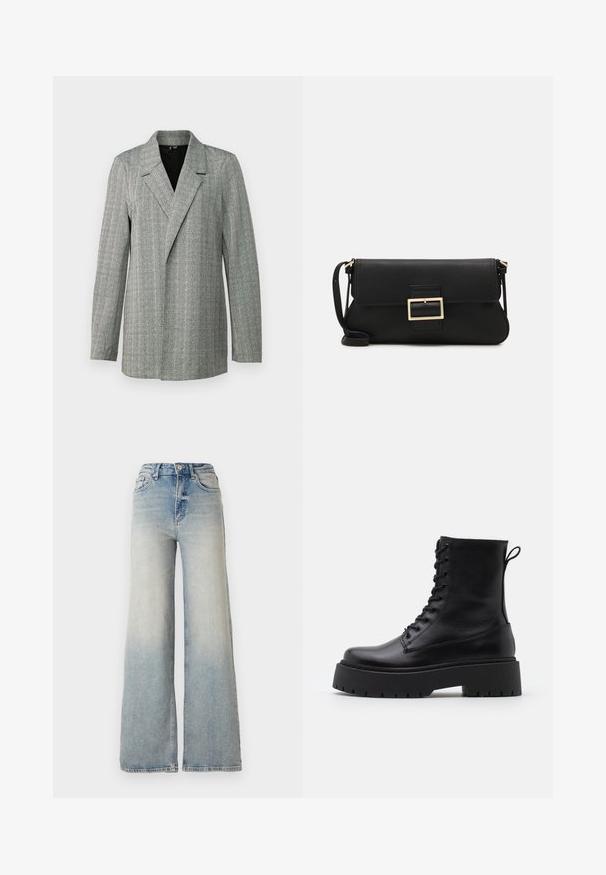 Grå hundtand sydd blazer med spetsig slag, enkelknappts stängning och långa ärmar. Har ett strukturerat material med lätt lyster.; Svart långärmad topp i ett slätt tyg, med rund halsringning och veckade detaljer vid axlarna och ärmsluten.; Ljusblå vida jeans gjorda av denim, med hög midja, fem fickor och synlig sömnad längs sömmarna.; Svarta läderankelboots med rund tå, snörning framtill och en tjock gummisula med strukturerat mönster. Dragflik bak.; Svart läderkuvertväska med en klaff och detalj i guldmetallspänne. Innehåller en svart rem och en elegant, minimalistisk design.; Guldiga hoopsörhängen, tunna och runda i formen, med en slät metallisk finish utan utsmyckningar eller mönster.