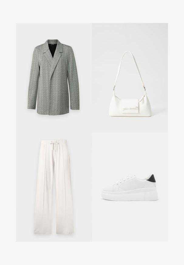 Blazer cinza em padrão pied-de-poule com lapela pontuda, fecho de botão único e mangas longas. Apresenta um tecido texturizado com ligeiro brilho.; T-shirt preto de manga curta feito de algodão suave. Apresenta um decote redondo e um design ajustado. Textura suave sem padrões ou detalhes.; Calças de fato de treino beija claro, feitas de um tecido suave, com cintura elástica ajustável, pernas largas e costuras verticais, apresentando uma textura lisa.; Tênis plataforma brancos feitos de material sintético suave, apresentando ponta arredondada, design com cadarços e sola de borracha texturizada. Acento preto no calcanhar.; Mala sintética branca com formato triangular, aba frontal plana e detalhe de laço, alça ajustável, textura suave e design minimalista.