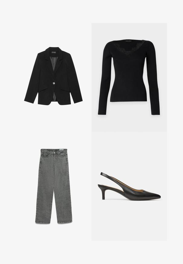 Black blazer featuring a single-button closure, notch lapels, and long sleeves. Smooth fabric with a tailored fit and side flap pockets.; Black long-sleeve ribbed top featuring a V-neck with lace accents. Fabric texture appears smooth and fitted, suitable for layered looks.; High-waisted gray jeans with a straight leg cut, button and zipper closure, belt loops, and front and back pockets.; Black leather slingback pump with pointed toe and low kitten heel, shown from side on a plain white background.