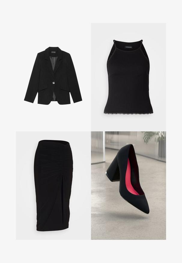 Melnā žakete ar vienas pogas aizdari, šķērsgriezuma uzacīm un garām piedurknēm. Gluda auduma, pielāgotas formas un sānu kabatām ar klapi.; Melna ribota topiņa ar izšūtu mežģīņu apdari apakšmalā. Iezīmē plānas siksniņas un pielāgotu piegriezumu. Izgatavota no stiepjama auduma.; Melna, ručām veidota zīda svārku ar saišu detaļu un sānu izgriezumu. Izgatavota no elastīga auduma, ar gludu tekstūru un pieguļošu dizainu.; Melna augsta papēža kurpe ar smailu purngalu, teksturētu virsmu un dzīvespriecīgu rozā interjeru. Satur masīlu papēdi ar sudraba akcentu.