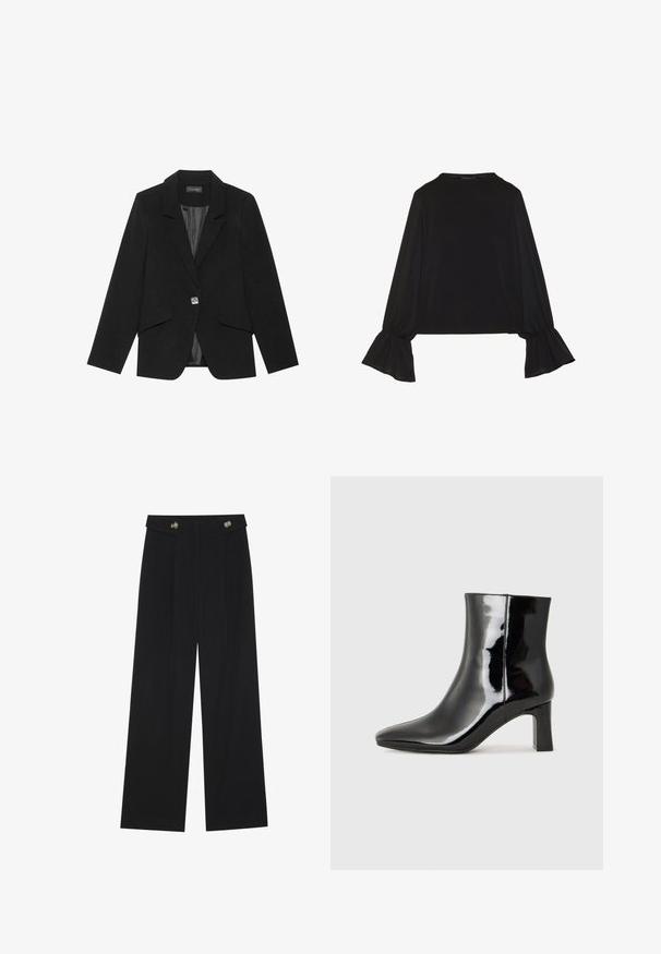 Črn blazer z enojnim gumbom, z obeljenimi ovratniki in dolgimi rokavi. Gladko blago s prilagojenim krojem in stranskimi žepki z poklopcem.; Črn dolg rokav vrh z razširjenimi manšetami, mehko teksturo in sproščenim krojem, z preprostim okroglim izrezom.; Črne široke hlače s visokim pasom, gumbnimi detajli na pasu in sprednjimi gubami.; Črne lakirane gležnjarje z ošiljenim nosom in srednje visokim blokastim peto. Gladka tekstura in minimalističen dizajn.