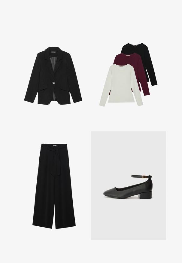 Črn blazer z enojnim gumbom, z obeljenimi ovratniki in dolgimi rokavi. Gladko blago s prilagojenim krojem in stranskimi žepki z poklopcem.; Majice z dolgimi rokavi v beli, burgundski in črni barvi. Narejene so iz mehke tkanine, imajo okroglo izrez in prilegajoč kroj. Primerne so za plastenje.; Črne široke hlače iz teksturirane tkanine, z elastičnim pasom in odstranljivim trakom na pasu za prilagodljivo prileganje.; Črne usnjene pumpice z nazobčanimi prsti in nizko blokasto peto. Imajo trak okoli gležnja z zaponko v zlatem tonu. Gladka tekstura.