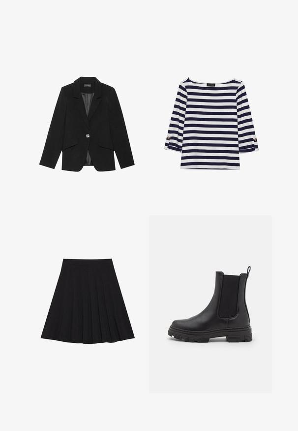 Fekete blézer, amely egygombos záródással, hajtókás gallérral és hosszú ujjakkal rendelkezik. Simás anyag, testhezálló szabással és oldalsó zsebekkel.; Tengerészkék és fehér csíkos, hosszú ujjú blúz, hajónyakkal és aranygombos díszítésekkel a felhajtott ujjain. Puha anyag, lazán illeszkedő fazon.; Fekete, pliszírozott szoknya texturált anyagból, szűk derékpánttal. Térd alá ér, sima, letisztult vonalvezetéssel.; Fekete bőrből készült bokacsizma, elasztikus oldalpanellel, kerek orral és textúrált gumitalppal. Hátulján hurok található a könnyű felhúzás érdekében.
