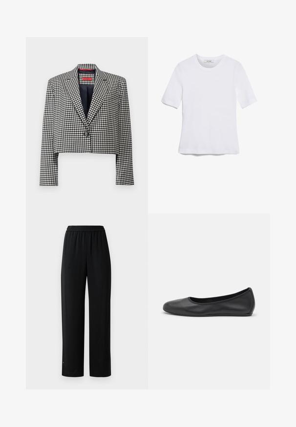 Korte blazer in zwart-wit ruitpatroon, met een geknipt kraag, enkele knoopsluiting en lange mouwen.; Witte korte mouwen t-shirt van ribstof. Ronde halslijn, normale pasvorm en subtiele stiksels. Geen patronen of grafische elementen.; Zwartewijdere broek van gladde stof met een elastische tailleband. Kenmerkt zich door een rechte snit en minimale details. Geschikt voor casual wear.; Zwarte leren ballerina met een ronde neus, gladde textuur, minimale stikdetails en een flexibele zoolontwerp.