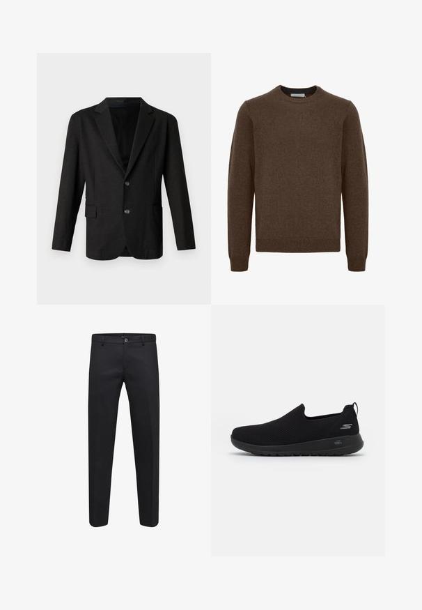 Donkergrijze blazer van een gladde, gestructureerde stof. Voorzien van een geknipt revers, twee voorknopen en een enkele zak aan de linkerkant.; Bruine gebreide trui met een ronde hals, lange mouwen, ribgebreide manchetten en zoom. Gemaakt van zacht, gestructureerd materiaal. Geen patronen of accenten zichtbaar.; Lichtblauw overhemd met lange mouwen, gemaakt van gladde stof, met een knoopsluiting aan de voorkant, een puntkraag en een reguliere pasvorm.; Zwarte op maat gemaakte broek gemaakt van een soepele stof, met een knoopsluiting, riemlussen en zijzakken, in een recht model.; Zwarte instap sneaker met een ademende mesh bovenkant, ronde neus en een gevoerde rubberen zool. Bevat een logo aan de zijkant.