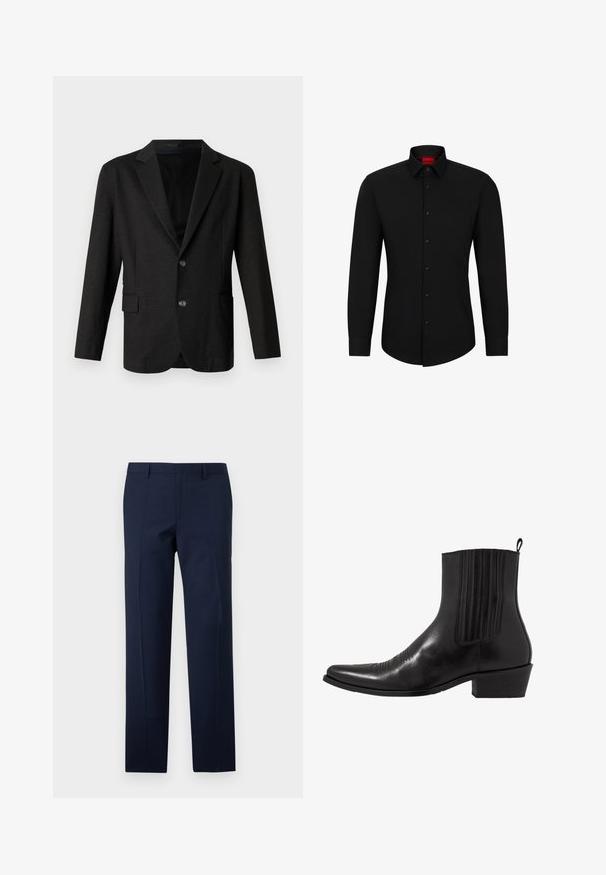 Blazer gris oscuro en un tejido suave y texturizado. Presenta un cuello con muesca, dos botones frontales y un bolsillo lateral en el lado izquierdo.; Camisa negra de manga larga con botón frontal, cuello clásico y dobladillo redondeado; cuenta con botones negros y un logotipo rojo en el interior del cuello.; Pantalones azul marino con un corte entallado, que presentan una textura suave, pliegues marcados y un diseño de frente plano. Cierre de cremallera oculta.; Bota de cuero negro hasta el tobillo con punta afilada, paneles laterales elásticos, acentos de costura vertical y un tacón bajo y cuadrado.