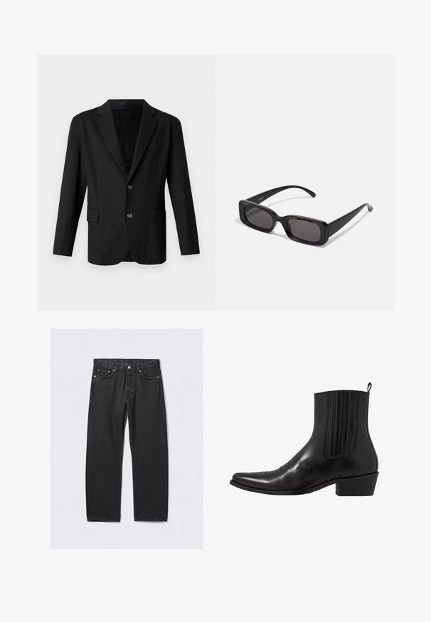 Dark grey blazer in a smooth, textured fabric. Features a notched lapel, two front buttons, and a single pocket on the left side.; White long-sleeve button-up shirt made of smooth fabric. Features a classic collar, front buttons, and single-button cuffs. Slim fit design.; Black denim jeans with a straight-leg cut, featuring a button fly, five pockets, and copper-toned hardware accents. Smooth texture.; Black leather ankle boot with a pointed toe, elastic side panels, vertical stitching accents, and a low block heel.; Black rectangular sunglasses with dark lenses, glossy finish, wide arms, and a chunky frame design. Engraved brand name on one arm.; Burgundy silk tie, narrow shape with a solid texture. Features a pointed tip, consistent color, and smooth finish.