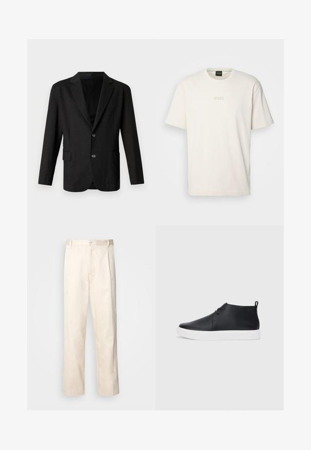 Temno sivi blazer iz gladkega, strukturovanega blaga. Ima klasičen ovratnik, dva sprednja gumba in eno žep na levi strani.; BOSS TEE - Navadna majica - open white; Bež cottone hlače s ravnim krojem, ki imajo gumbasto zapiranje in nabore spredaj za dodatne detajle.; Črne usnjene visoke superge s gladko površino, bela gumijasta podloga in preprosta zasnova vezalk. Imajo držalo na hrbtni strani.