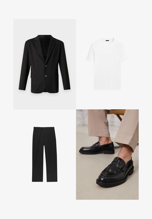 Tmavě šedý blejzr z hladké, strukturované tkaniny. Má klopový límec, dva přední knoflíky a jednu kapsu na levé straně.; Bílá bavlněná tričko s kulatým výstřihem, krátkými rukávy a rovný střih. Má hladkou, lehkou texturu a žádné viditelné vzory.; Černé kalhoty s rovnými nohavicemi, vyrobené z hladké tkaniny. Mají přední záhyby a jedno knoflíkové zapínání v pase.; Černé kožené loafers s hladkým povrchem, zdobené páskem a kontrastním prošíváním, spárované s béžovými kalhotami.