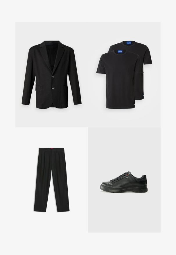 Mørkegrå blazer i et glat, tekstureret stof. Har en spidse lapels, to forreste knapper og en enkelt lomme på venstre side.; To sorte bomulds T-shirts med rund halsudskæring, korte ærmer og blå "HUGO" mærker på kraverne og siden.; Sorte bukser med plisseret design, bred benform og en glat tekstur. Har et rødt taljetag.; Sorte lædersneakers med tekstureret overdel, polstret krave og rødt logo-detajle. Har en tyk gummisål med tydeligt mønster.