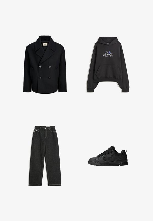 Palton dublu din lână, de culoare neagră, cu o textură netedă, având butoane mari negre, guler cu tăietură și buzunare laterale.; Hanorac negru cu buzunar frontal, manșete cu dantelă și text grafic "STUCK IN LUCK" sub cinci stele, una colorată albastru, pe piept.; Jeanși negri cu picioare drepte, cusături albe, design cu cinci buzunare, închidere cu nasture și fermoar, și un mic logo pe buzunarul din dreapta față.; Adidași negri cu un lateral texturat, având șireturi, accente din plasă pentru respirabilitate, guler căptușit și o talpă rezistentă.