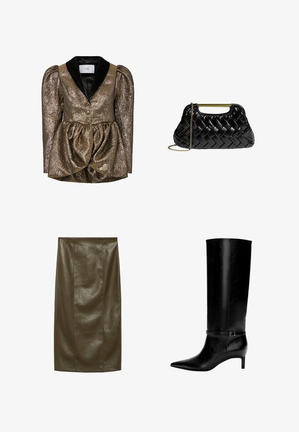 Metallisch gouden gestructureerde jas met een peplum taille, voorzien van een zwarte fluwelen kraag, textuurstof en dubbele gouden knopen.; Bordeaux chiffon blouse met een gedrapeerde hals en lange mouwen. De mouwen hebben gather cuffs, wat een vloeiende silhouet creëert.; Olijfgroene faux leren kokerrok met een gladde textuur, knielang, met verticale naden voor een op maat gemaakte uitstraling.; Zwarte leren laarzen tot de knie met een spitse neus en een kleine hak. Voorzien van een smalle band met een metalen gesp rond de enkel. Effen textuur.; Zwarte geweven leren handtas met een gouden metalen handvat en een afneembare kettingriem. Heeft een glanzende afwerking en een zachte, afgeronde vorm.