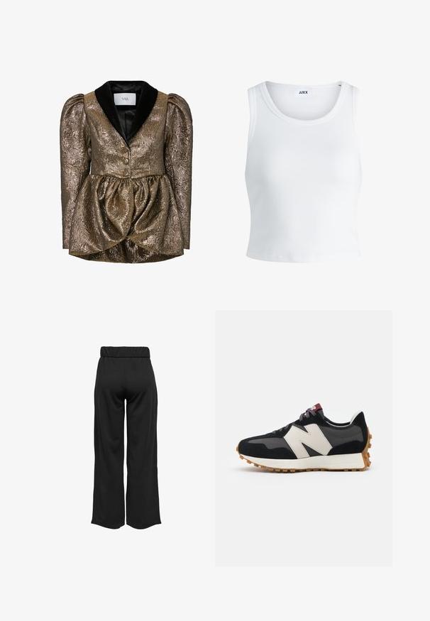 Fémes arany struktúrált zakó peplum derékkal, fekete bársony gallérral, texturált anyaggal és duplázott arany gombokkal.; Fehér bordás ujjatlan top, kerek nyakkivágással és rövid hosszal. A címke szerint "JJXX". Sima szövettextúra.; Fekete, bővülő szárú nadrág, elasztikus derékkal, sima anyagból készült. Tiszta dizájn jellemzi, zsebek és látható varrási részletek nélkül.; Fekete és szürke velúr sportcipő nagy krémszínű "N" logóval, lila fűzőkkel és texturált gumi talppal.