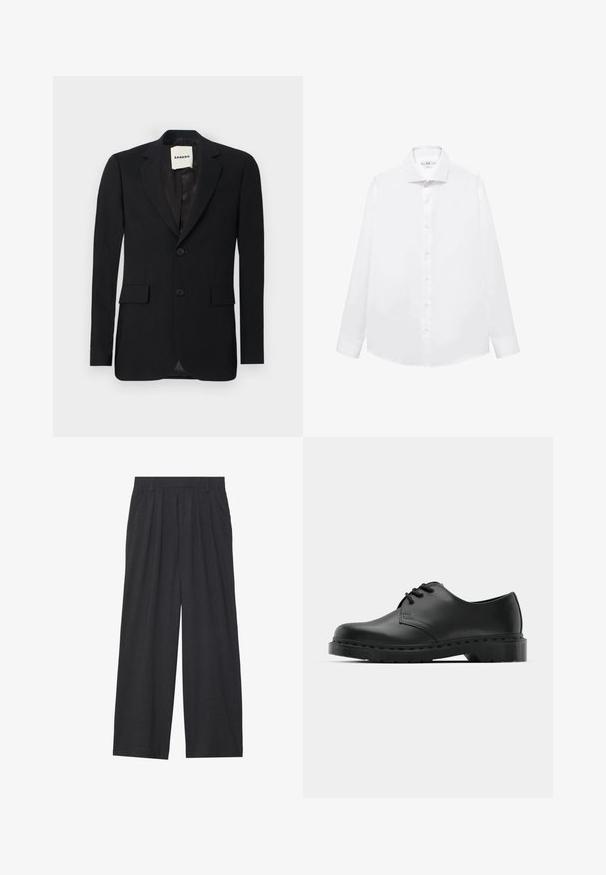 Sort blazer med et glat stof, klapkrave, to forlommer og to knapper. Har en satinforing og et mærke indeni.; Hvid langærmet skjorte lavet af glat bomuld, med spids krave, front knaplukning og lige skæring i kanten.; Vidder bukser lavet af mørkegrå stof. Har folder ved taljen, et skræddersyet design og en lige silhuet.; Sorte læder oxford-sko med snørebåndsdesign, rund tå, flad gummisål og subtil syning langs overdelen.
