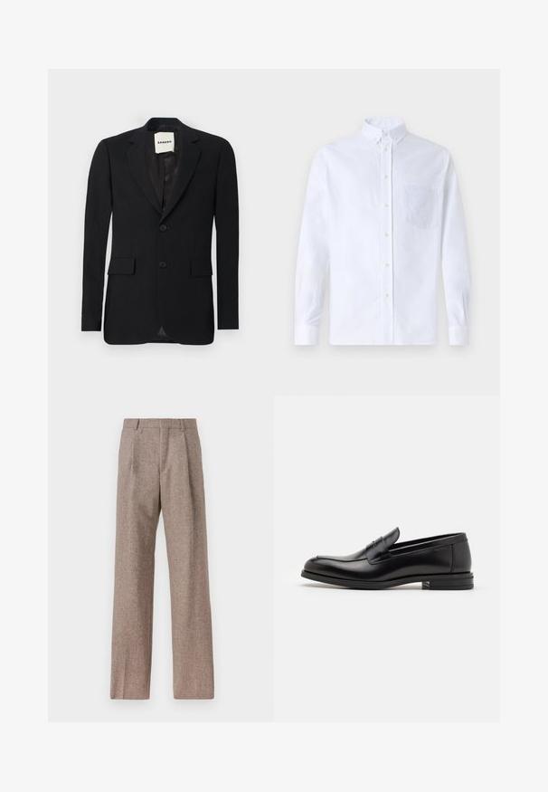 Čierny blazer s hladkým materiálom, s nákrčníkmi, dvoma prednými vreckami a dvoma gombíkmi. Obsahuje saténovú podšívku a značkovú etiketu vo vnútri.; Biely dlhý rukáv košeľa s gombíkmi vyrobená z bavlny, s náprsného vrecka s tonálnou výšivkou, golierom a gombíkovými manžetami.; Hnedé, vysoké nohavice vyrobené z texturovanej látky. Majú široké nohavice a dva predné záhyby pre štruktúru. Úhľadné spracovanie bez viditeľného kovania.; Čierne kožené mokasíny s hladkou textúrou, zaoblenou špičkou a dekoračným pásikom cez priehlavok. Nízky vrstvený opätok, minimalistický dizajn.