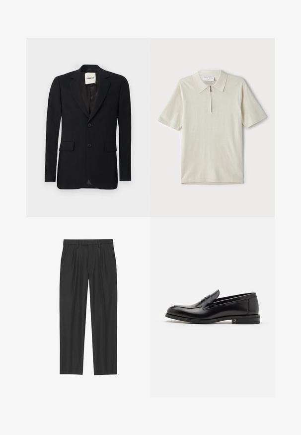 Zwarte blazer van een gladde stof, met notch revers, twee voorzakken en twee knopen. Heeft een satijnen interieur en een merklabel aan de binnenkant.; Korte mouwen polo in lichtbeige met een ritskraag. Gemaakt van gladde stof, voorzien van een eenvoudig, modern ontwerp zonder patronen.; Zwarte geplisseerde broeken van een soepele stof; voorzien van een tailleband met riemlussen en een recht gesneden pijp. Minimalistisch ontwerp zonder patronen.; Zwarte leren instappers met een gladde textuur, ronde neus en een decoratieve band over de wreef. Lage, gestapelde hak en minimalistisch ontwerp.