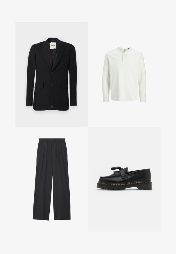Blazer negro con una tela suave, solapas de muesca, dos bolsillos frontales y dos botones. Tiene un interior de satén y etiqueta de la marca en el interior.; Camisa henley blanca de manga larga con tres botones y cuello redondo, presentada sobre un fondo blanco liso.; Pantalones de pierna ancha hechos de tela gris oscura. Cuenta con pliegues en la cintura, un diseño a medida y una silueta recta.; Mocasín de cuero negro con un acento de borlas, que presenta una suela gruesa negra y costuras amarillas a lo largo del borde. Acabado texturizado.
