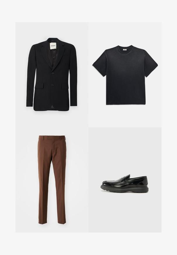 Blazer noir en tissu lisse, avec des revers crantés, deux poches avant et deux boutons. Dispose d'une doublure en satin et d'une étiquette de marque à l'intérieur.; T-shirt en coton noir avec un col rond et des manches courtes. Présente une coupe décontractée, une texture lisse et un design minimaliste.; Pantalons marron ajustés avec une devant plat, design à jambe droite, texture lisse et passants de ceinture. Aucun motif visible ni détail matériel.; Mocassin en cuir noir avec une finition brillante, bout arrondi, détails de couture subtils et semelle en caoutchouc épaisse pour la durabilité.