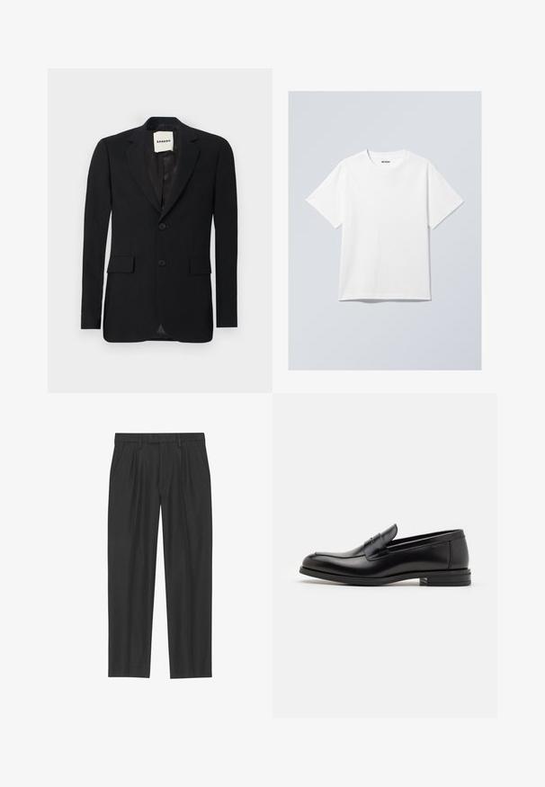 Sort blazer med et glat stof, klapkrave, to forlommer og to knapper. Har en satinforing og et mærke indeni.; Hvid bomuld t-shirt med rund halsudskæring, korte ærmer og en afslappet pasform. Har et mærke, der står "WEEKDAY", på halsudskæringen.; Sorte plisserede bukser lavet af et glat stof; har en talje med bæltesløjfer og en lige benpasform. Minimalistisk design uden mønstre.; Sorte læderloafers med en glat overflade, rund tå og en dekorativ strop over vampen. Lav hæl med stabeldesign, minimalistisk stil.