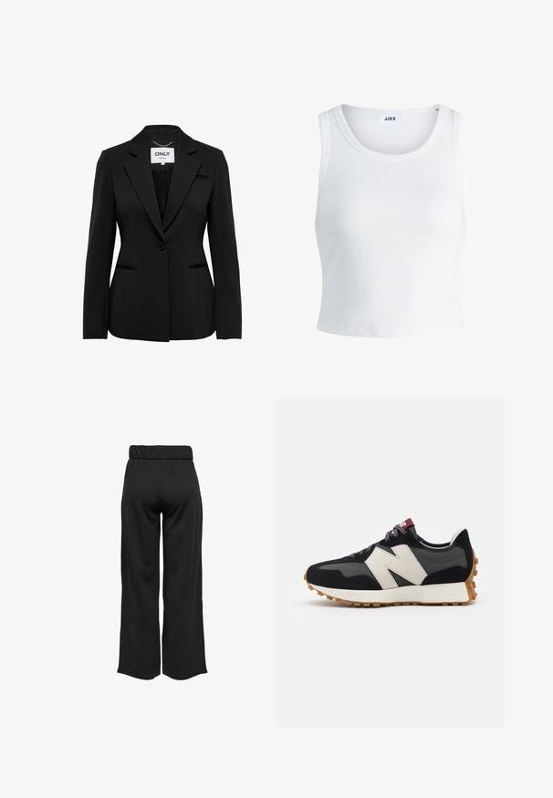 ONLY ONLPEACH FIT - Blazer - black; Top de tirantes blanco con canalé, con un cuello redondo, diseño sin mangas y largo corto. La etiqueta dice "JJXX". Textura de tela suave.; Pantalones negros de pierna ancha con cintura elástica, fabricados en un tejido suave. Presentan un diseño limpio sin bolsillos ni detalles de costura visibles.; Zapatillas de ante negras y grises con un gran logo "N" en color crema, cordones morados y una suela de goma texturizada en color marrón.