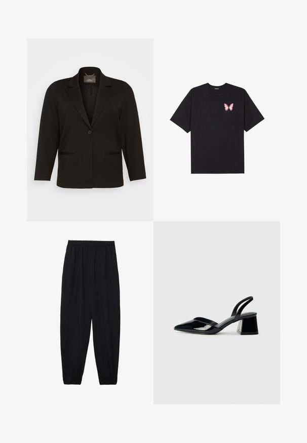 Μαύρο σακάκι με κλείσιμο με έναν μόνο κουμπί, με καλοφτιαγμένες γωνίες και δύο μπροστινές τσέπες. Φτιαγμένο από απαλή ύφασμα, με κλασική κομμένη εφαρμογή.; Μαύρο βαμβακερό μπλουζάκι με κοντά μανίκια, διαθέτοντας ένα μικρό ροζ γραφικό πεταλούδας στο αριστερό στήθος. Σχέδιο με στρογγυλή λαιμόκοψη και άνετη εφαρμογή.; Μαύρο, ελαφρύ παντελόνι με ελαστική μέση και μαζεμένα μπατζάκια. Το ύφασμα είναι λείο και έχει χαλαρή, κωνική σχεδίαση.; Μαύρα πατεντέ δερμάτινα γοβάκια slingback με μυτερή μύτη και γεωμετρικό τακούνι. Έχουν κομψό, μινιμαλιστικό σχέδιο και λεία υφή.
