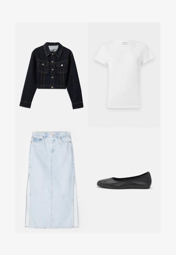 Kort mörk denimjacka med spetsig krage, två framfickor med klaffar och kontrasterande gyllene stygn genom hela jackan.; Vit bomulls t-shirt med rundad halsringning och korta ärmar, med en avslappnad passform och minimalistisk design. Etikett synlig vid nacken.; Ljusblå denim maxikjol med rak skärning, featuring sidofrack och femficksdesign. Framträdande sömmar och metallknappsstängning.; Svart läderballerinaskor med rund tå, slät yta, minimala söm detaljer och en flexibel sula.